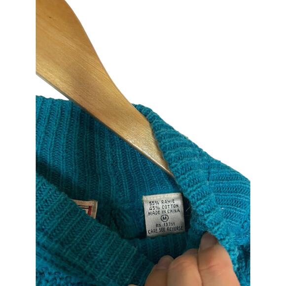 VTG Teal Fisherman's Sweater Joan Harper Cotton Mock Turtleneck Cable Knit Warm - Picture 4 of 7